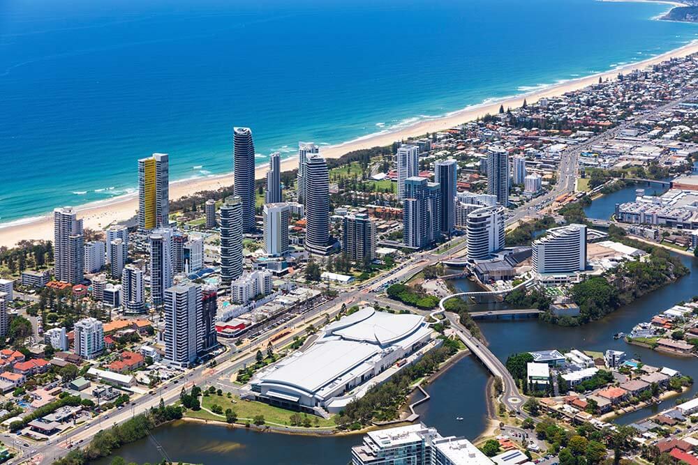 Aerial view of Broadbeach with the convention centre and casino on the Gold Coast